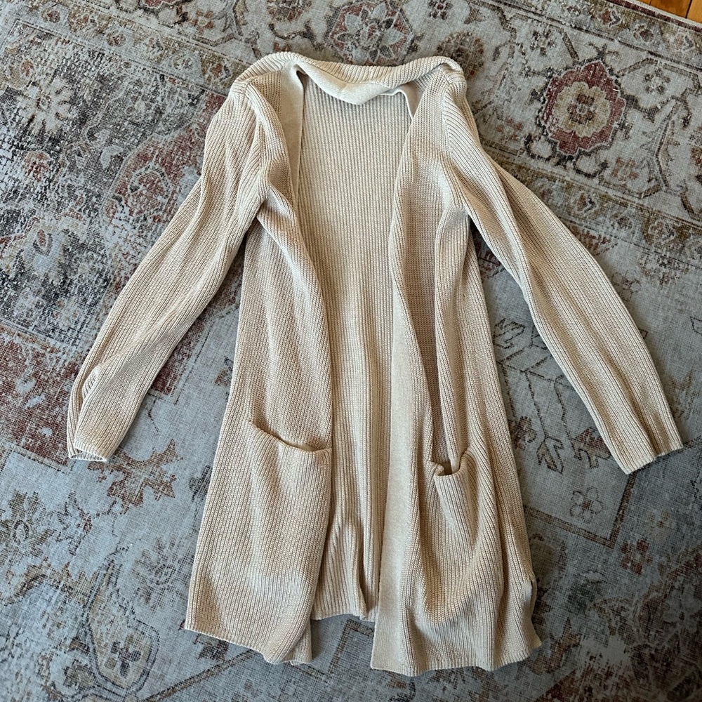 long tan cardigan